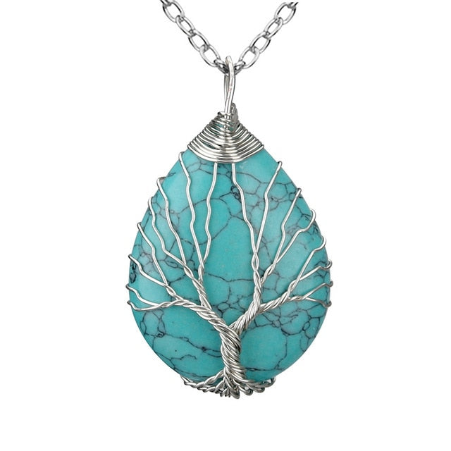 Handmade Tree of Life Wrapped Drop Crystal Necklace